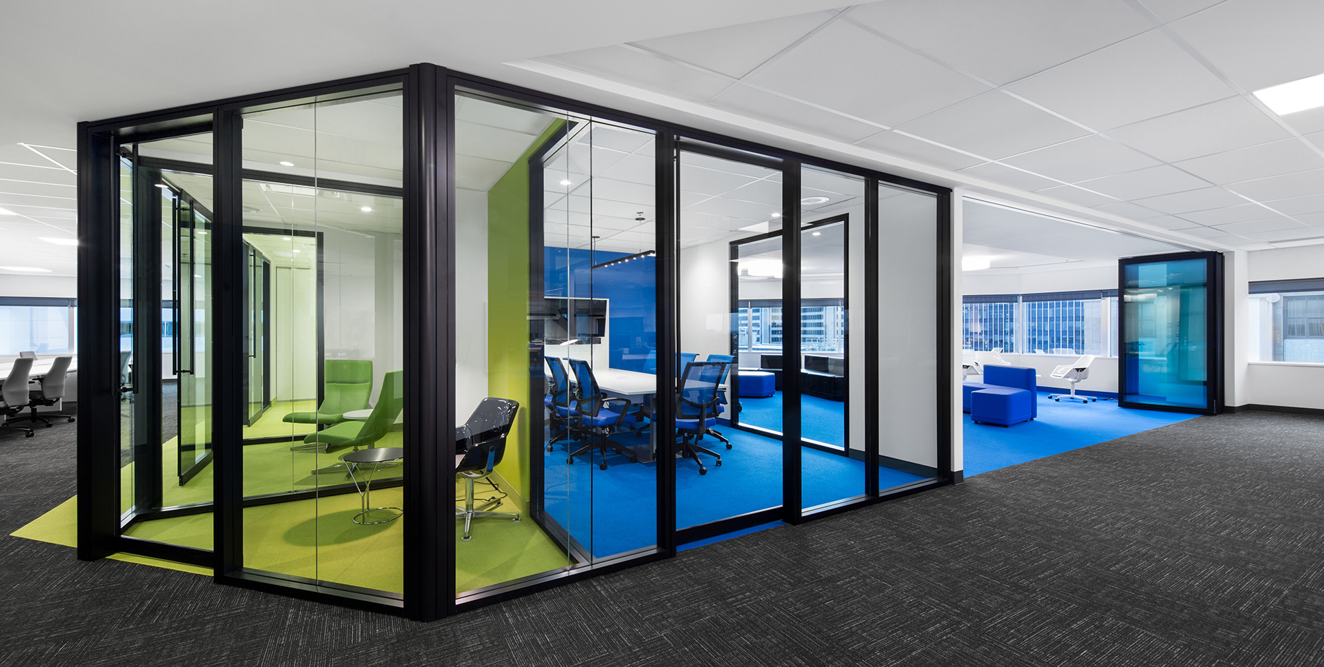 Commercial Interior Projects - Green and Blue Meeting Rooms at the Head Office of the National Bank in Montreal designed by VAD Interior Designers