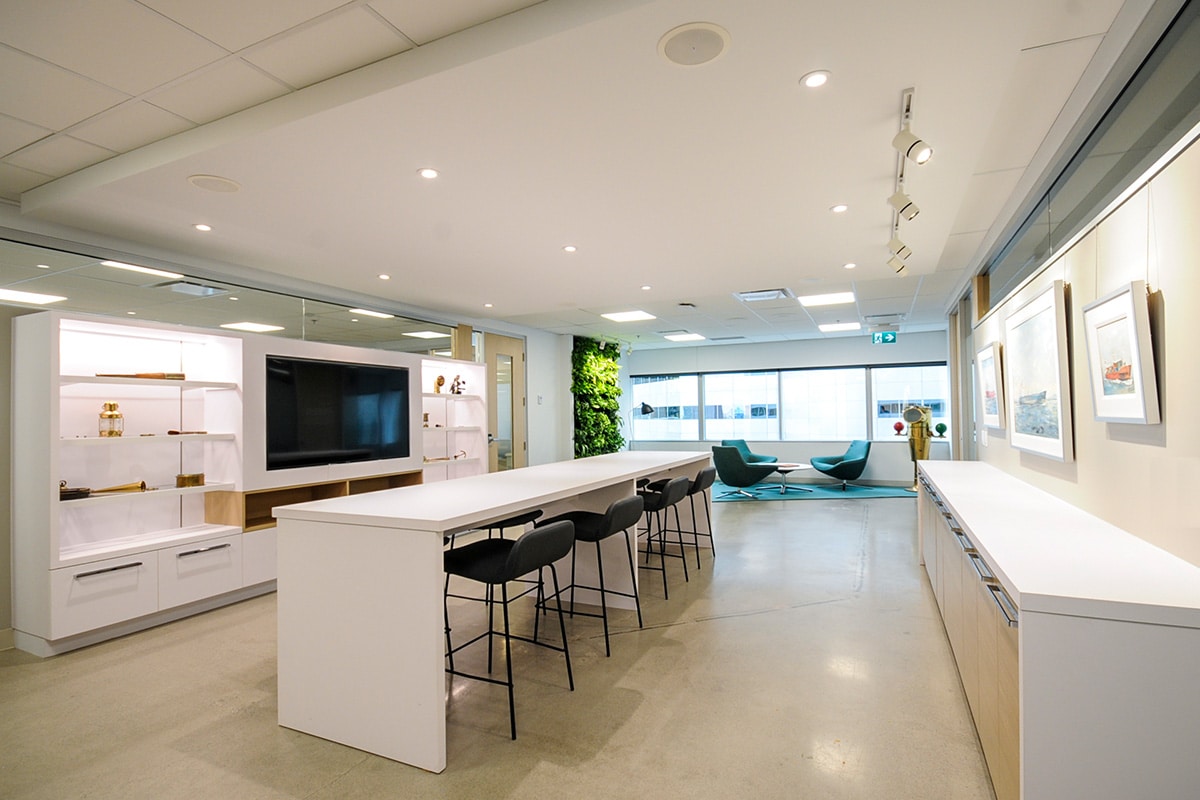 Cocktail area at Logistec headquarters in Montreal designed by VAD